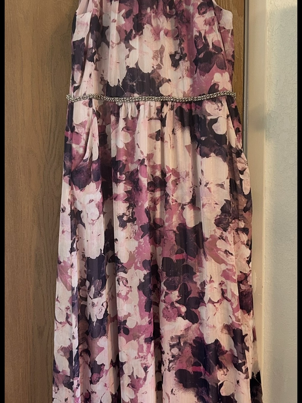 Sleeveless Floral Maxi Dress in Pink & Purple with Beaded Waist